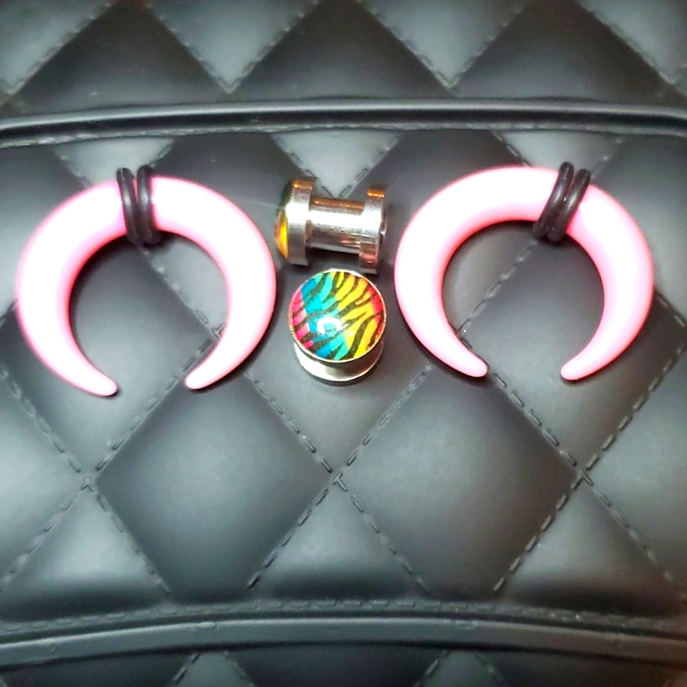 Pink Tapers and rainbow zebra print ear plugs stainless steel piercing  2 gauge